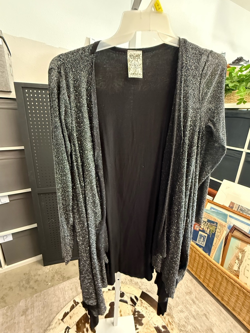 Vocal Y2K Sparkle Open-Front Drapey Cardigan  - Black with Silver Lurex